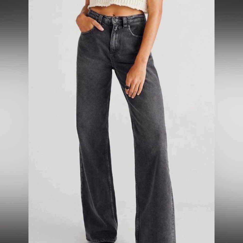 NWT FREE PEOPLE Tinsley Baggy High Rise Straight Leg Black Women's Jeans Size 24
